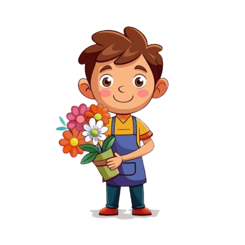 A cheerful boy holding a bouquet of flowers